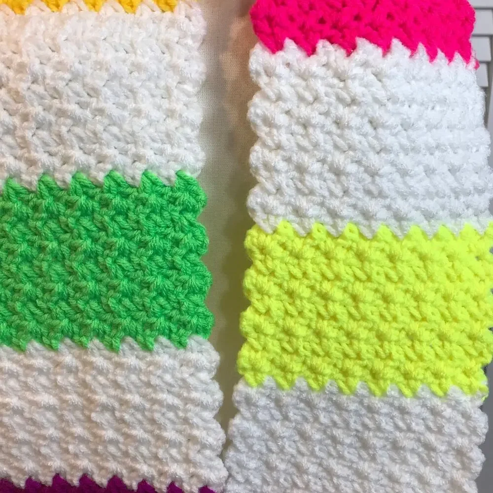 NWT Crochet Boho Cottage Winter White Neon Striped Scarf 60” & White Beanie Set